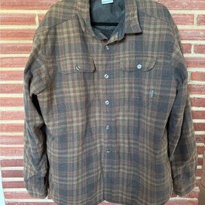 Columbia Men's Plaid Sherpa Lined Shirt Jacket Flannel- Brown and Tan Check